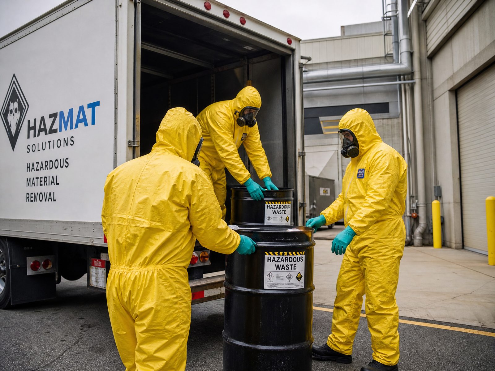Professional hazardous material removal crew loading labeled waste containers in Lomita, California