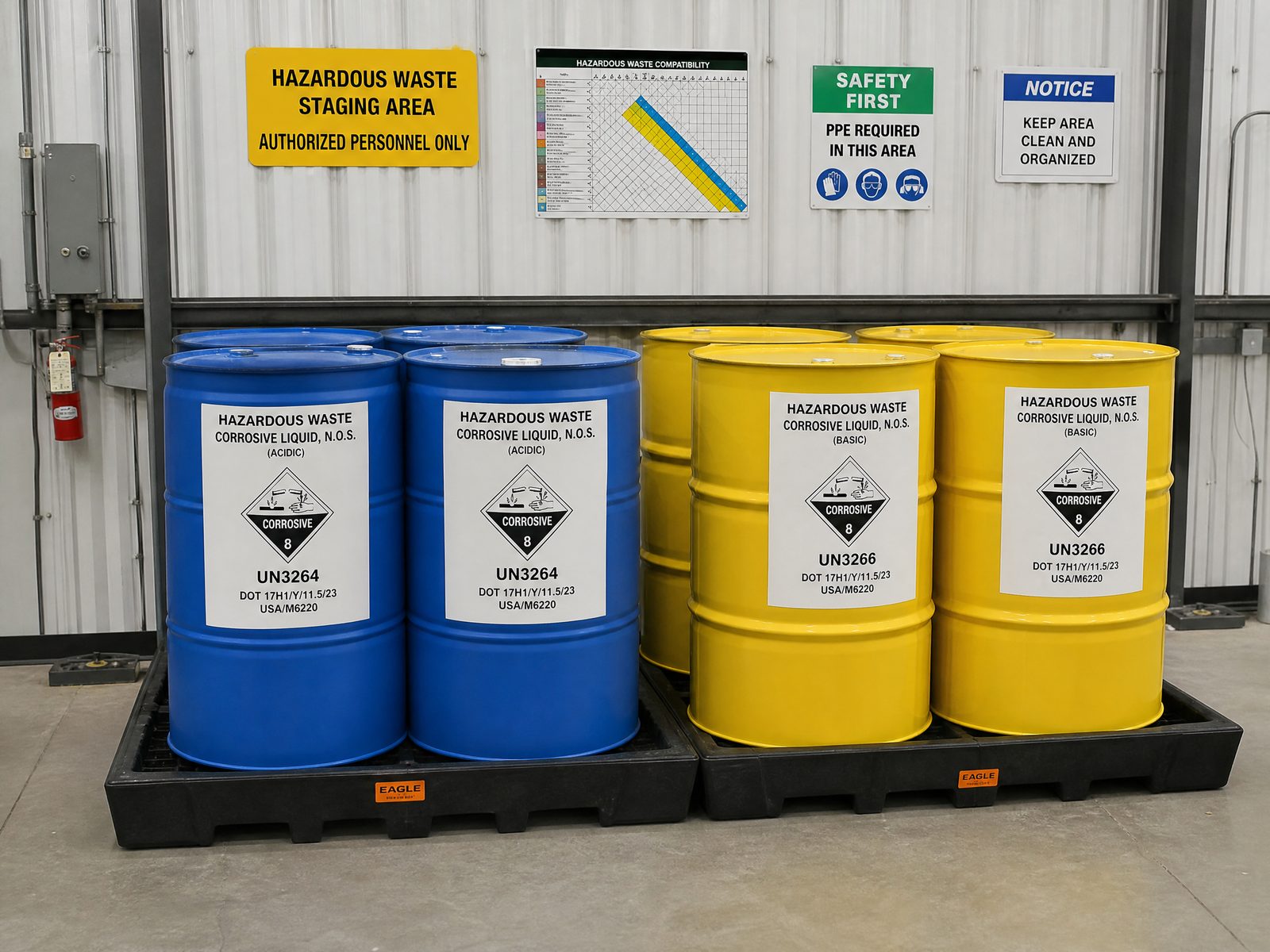 Properly labeled hazardous waste containers in a staging area, representing compliant hazardous waste management in Lomita, California