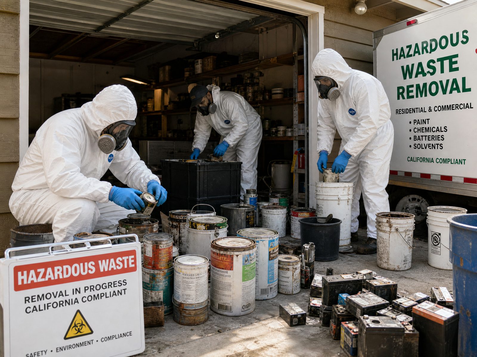 Hazardous waste removal team removing old paint cans and chemicals from a residential garage in Lomita, California